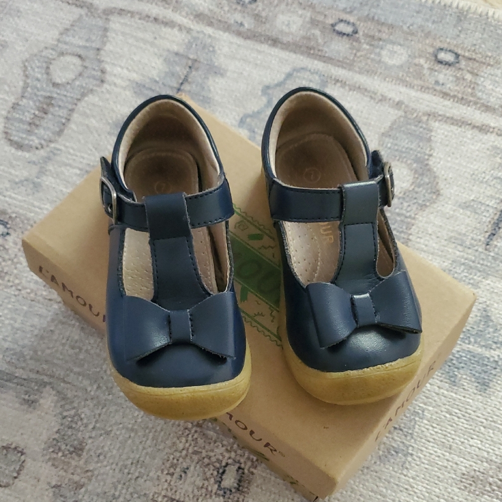 L'Amour Girls Navy T-Strap Bow Mary Janes Shoes Sz7
